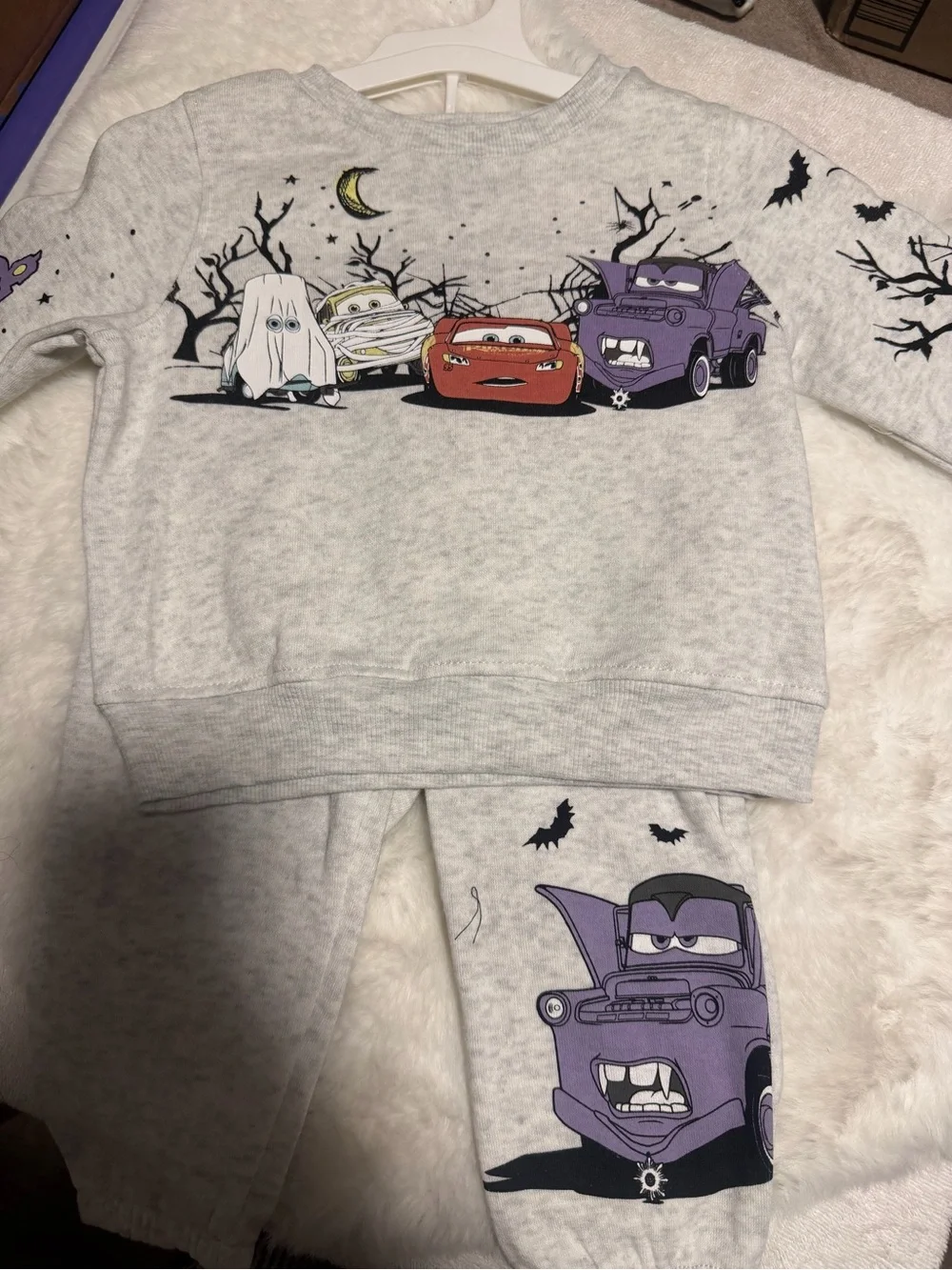 Kids Halloween Cars Sweatshirt and Pants Set - Gray with Red & Purple Cars